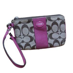 Coach Wristlet Wallet Signature Canvas With Pink Fuchsia Striped Leather
